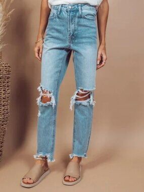Shop Stevie Distressed Light Blue Straight-Leg Jeans